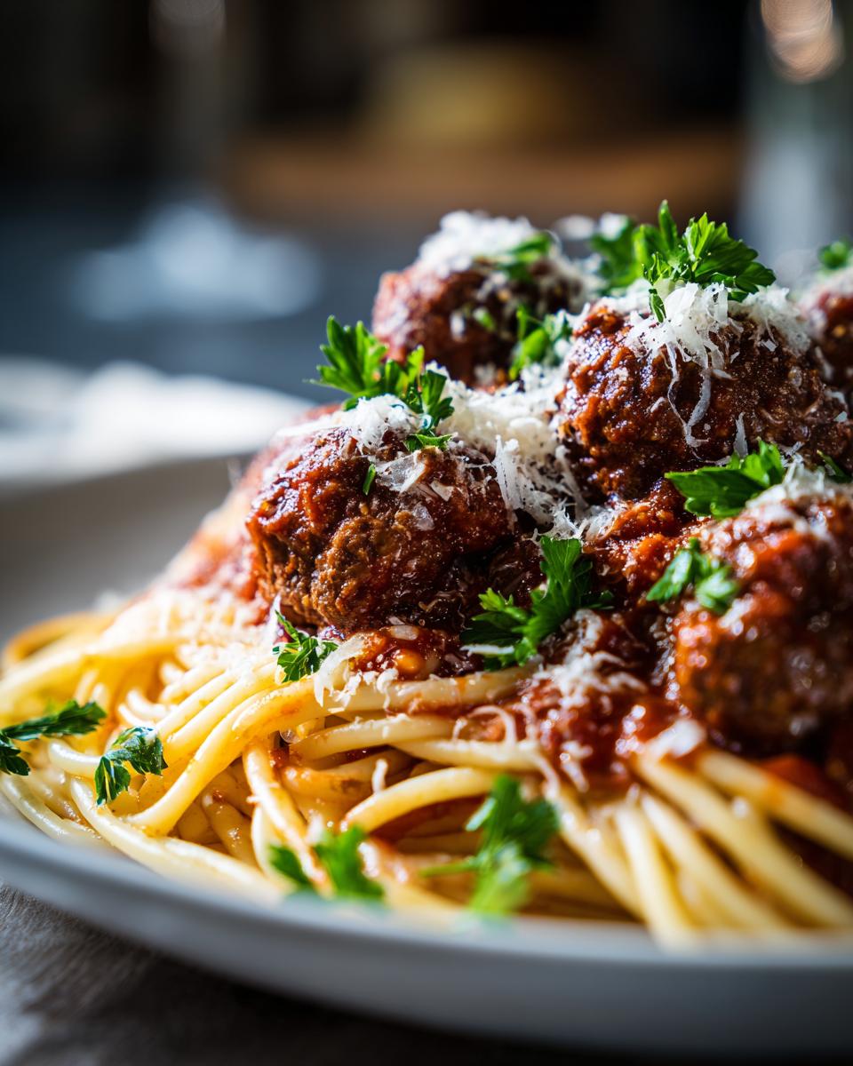 Close-up of a plate piled high with spaghetti and meatballs, topped with marinara sauce, grated parmesan cheese, and fresh parsley.