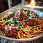 A close-up of a bowl of spaghetti and meatballs, topped with grated parmesan cheese and fresh parsley.