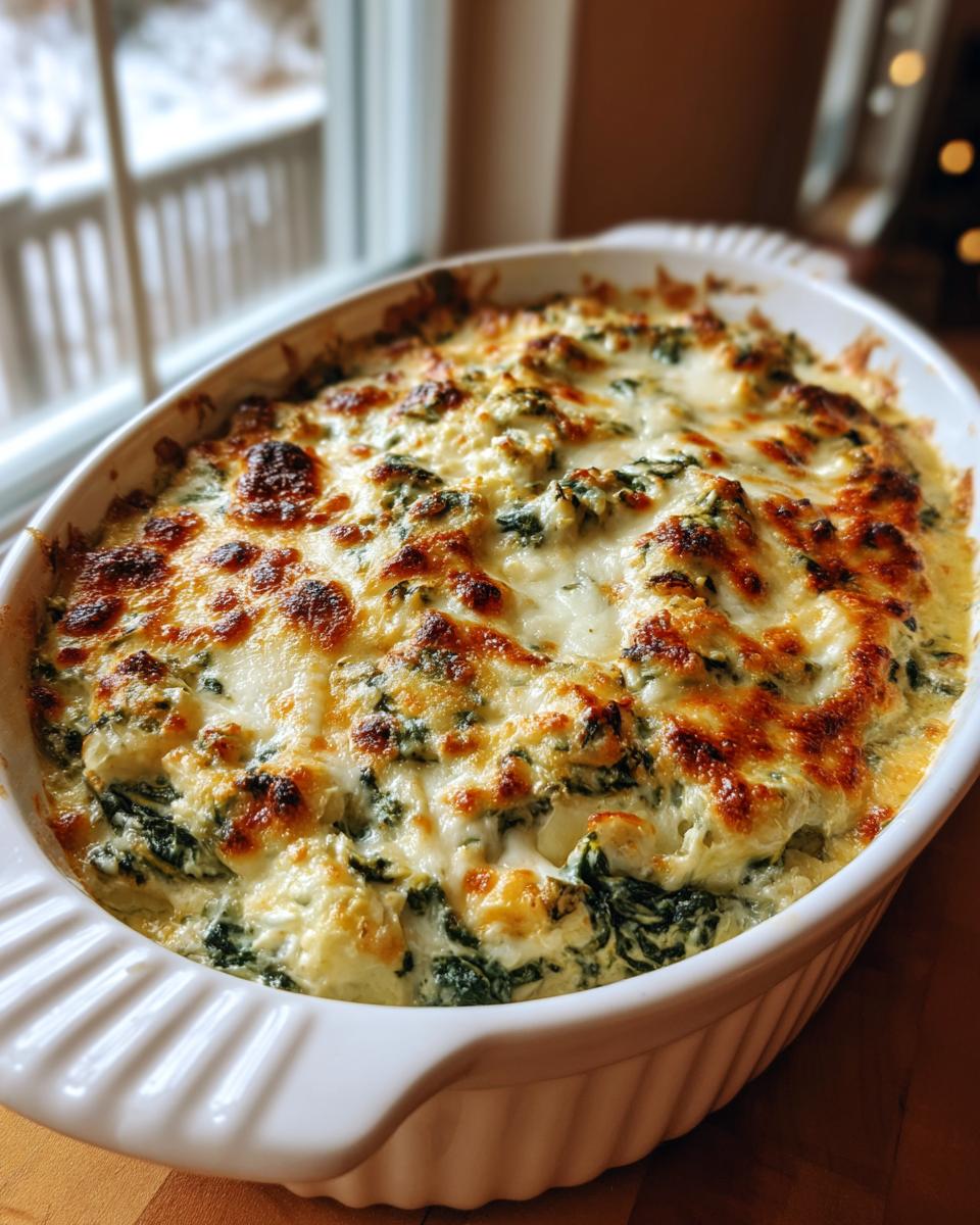 Close-up of a bubbly, cheesy Spinach Artichoke Dip in a white baking dish, fresh from the oven.