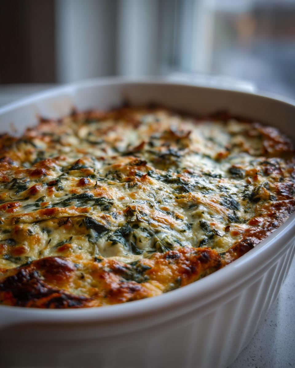 Close-up of a bubbling, golden-brown baked Spinach Artichoke Dip in a white casserole dish.