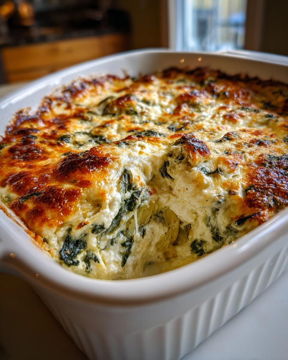 Close-up of a bubbly, golden-brown baked spinach artichoke dip in a white casserole dish.