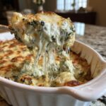 A fork lifting a scoop of hot, gooey spinach artichoke dip from a baking dish, showing melted cheese strings.