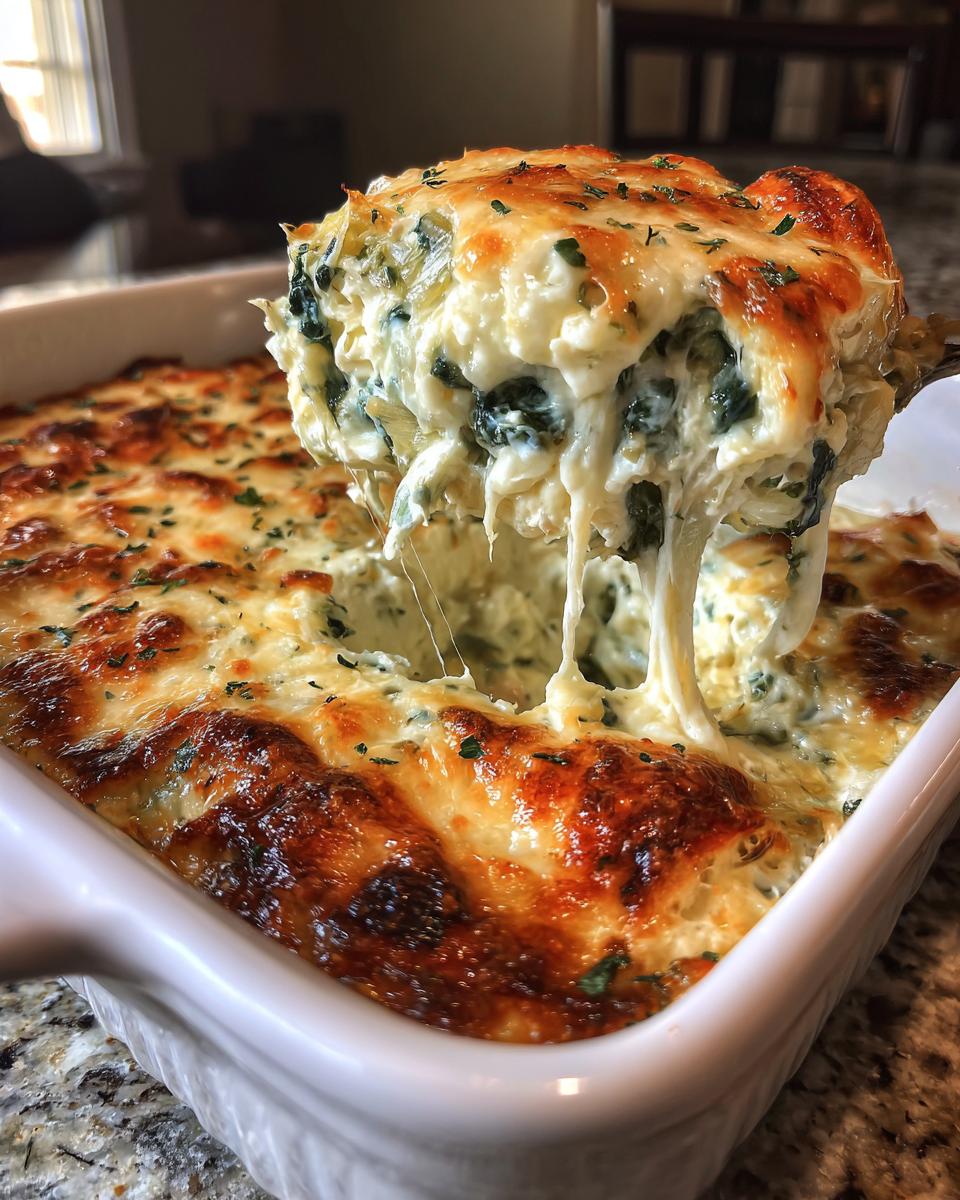 A scoop of hot, cheesy spinach artichoke dip being lifted from a white baking dish, showing melted cheese strings.