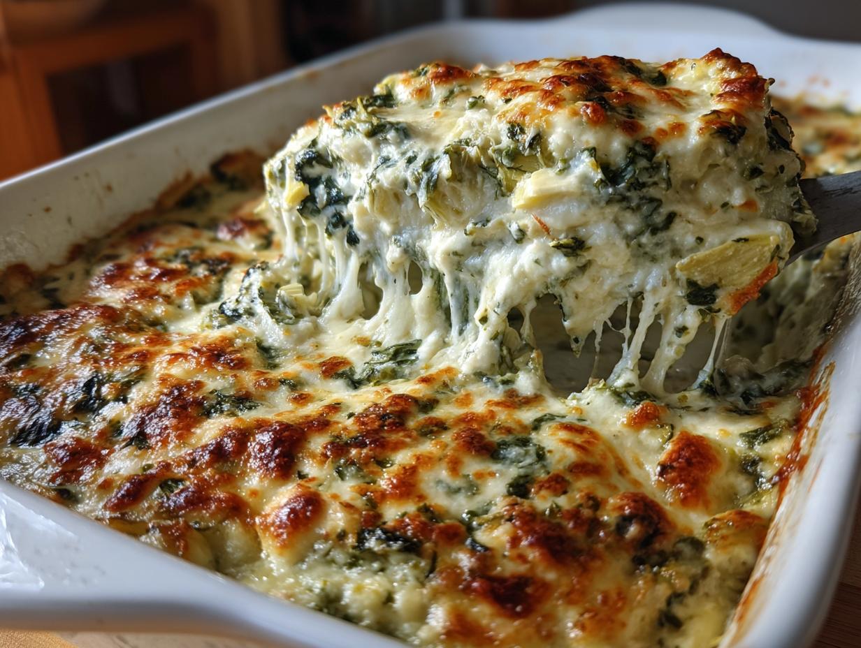 A serving spoon lifts a scoop of hot, cheesy spinach artichoke dip from a baking dish, showing melted cheese strings.