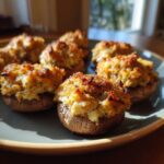 Close-up of golden-brown baked stuffed mushrooms filled with a creamy mixture, ready to serve.