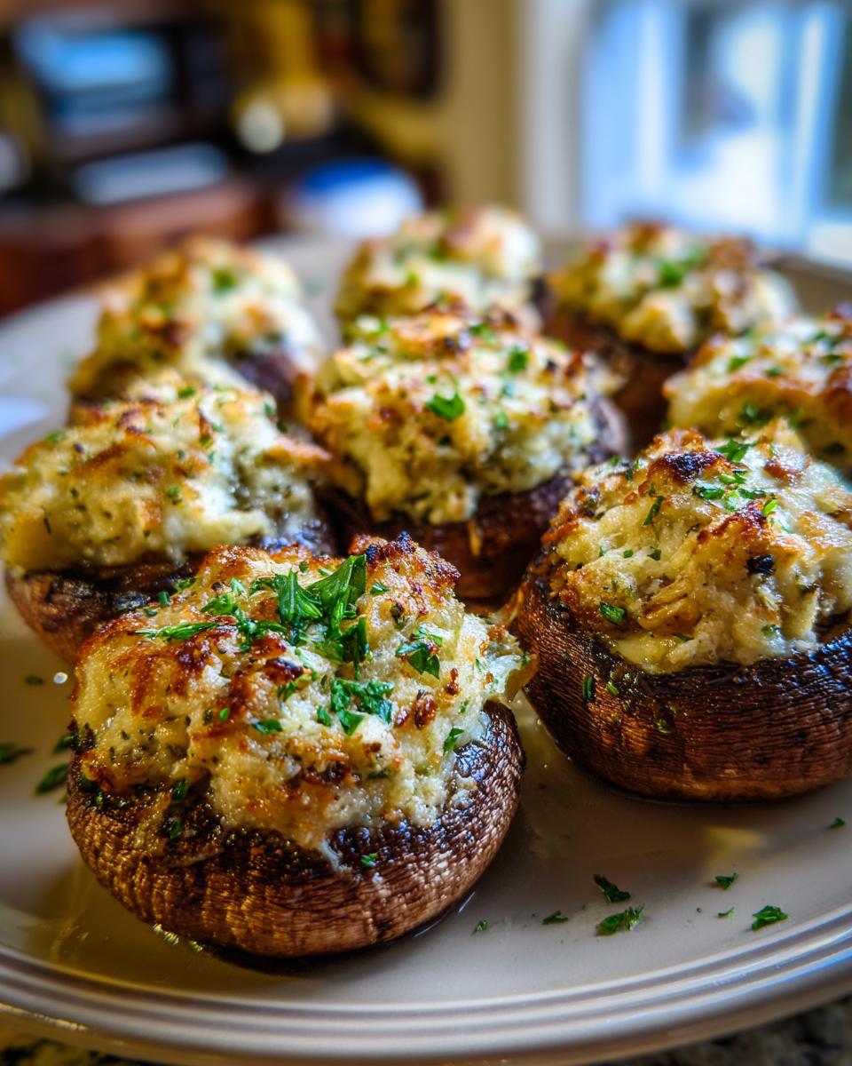 Close-up of golden-brown stuffed mushrooms, generously filled and topped with fresh parsley.