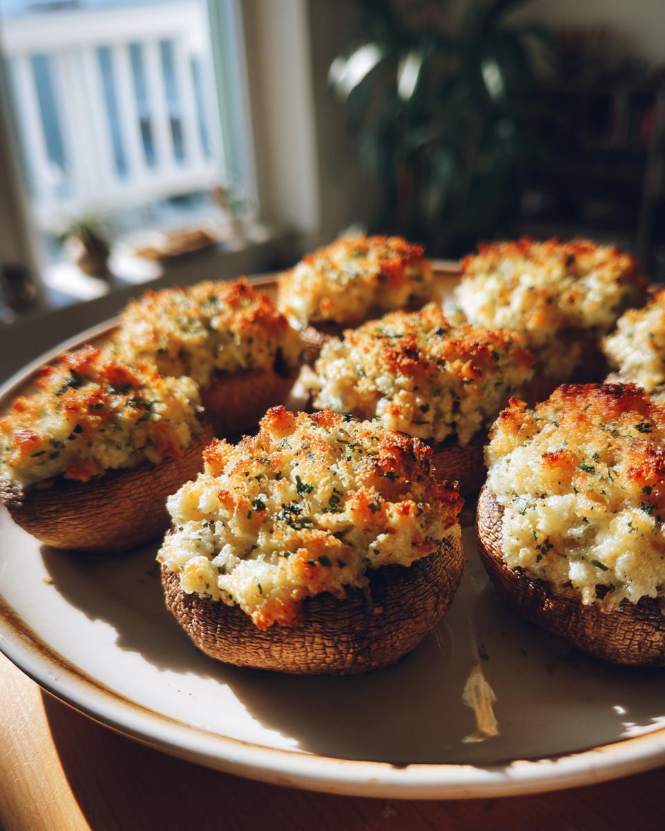 A plate of golden brown stuffed mushrooms, a delicious appetizer, ready to be served.