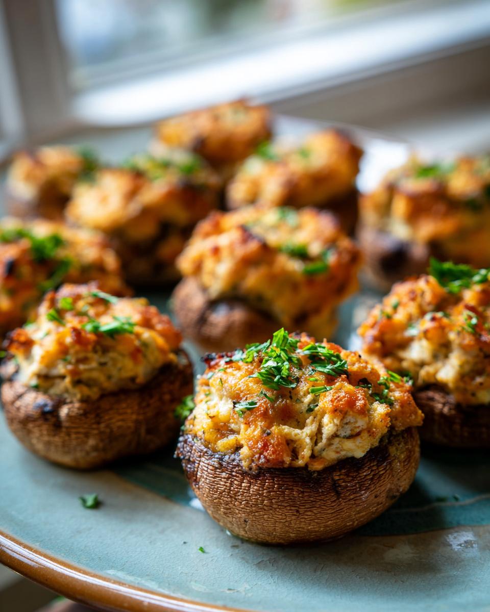 Close-up of golden brown stuffed mushrooms, generously filled and topped with fresh parsley.