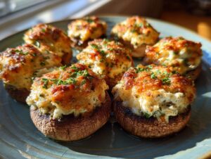 A plate of golden brown stuffed mushrooms, generously filled and topped with fresh parsley.
