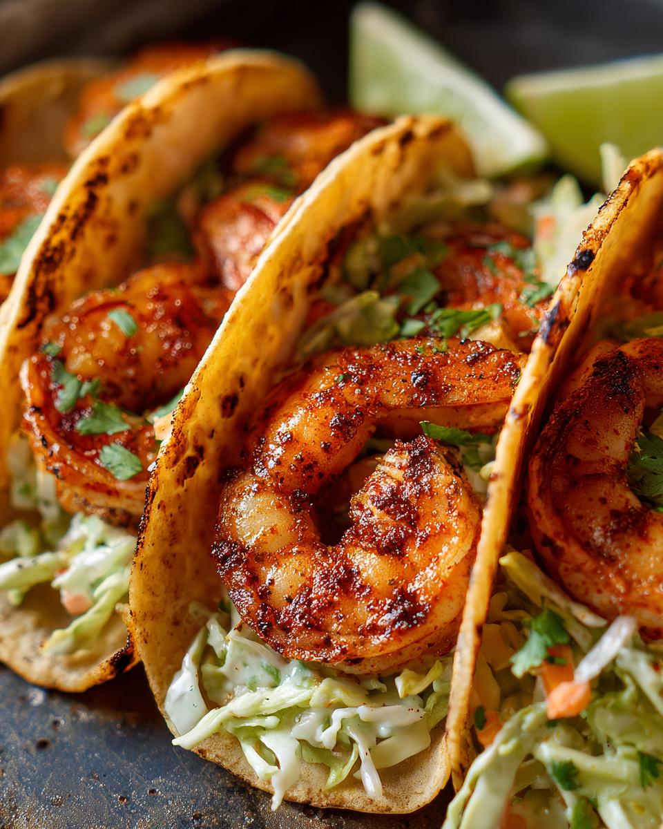 Close-up of three succulent shrimp tacos filled with seasoned shrimp, creamy slaw, and fresh cilantro, with lime wedges on the side.