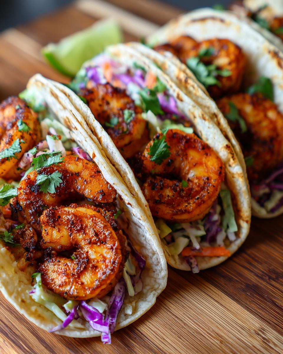 Close-up of three delicious shrimp tacos filled with seasoned shrimp, coleslaw, and cilantro, served with a lime wedge.