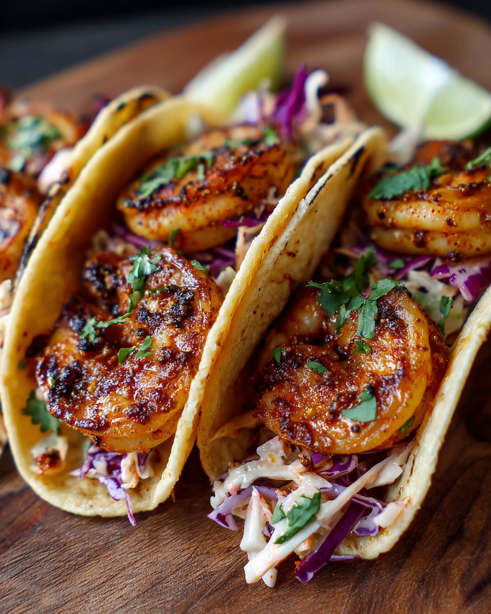 Close-up of three succulent shrimp tacos filled with seasoned shrimp, coleslaw, and lime wedges.