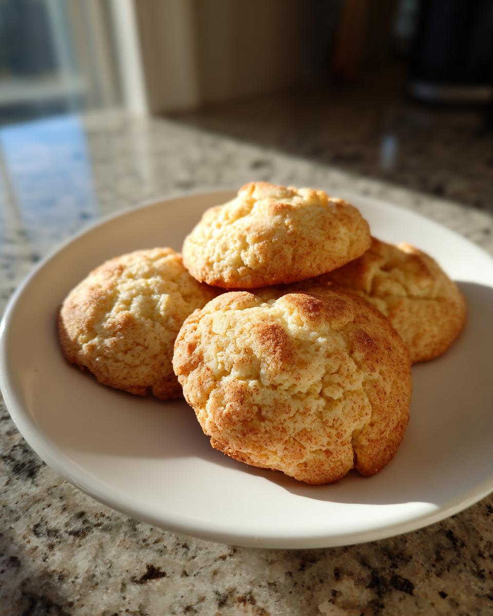 A close-up of four golden brown sugar cookies with a slightly cracked texture, dusted with cinnamon.