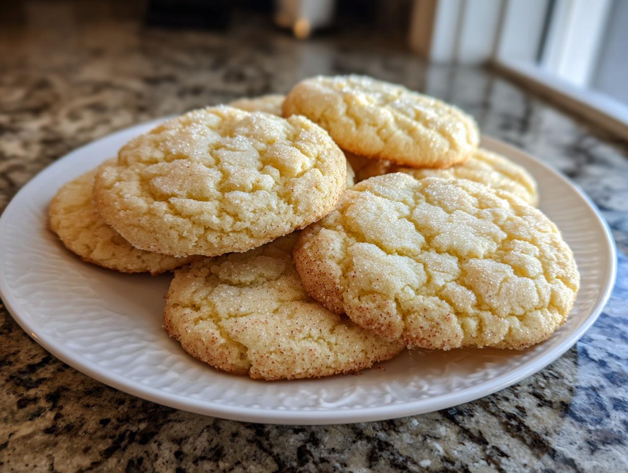 A plate full of golden brown sugar cookies, lightly dusted with sugar and cinnamon.