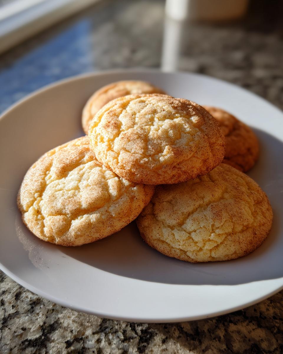 A close-up of several perfect sugar cookies, coated in cinnamon sugar, piled on a white plate.