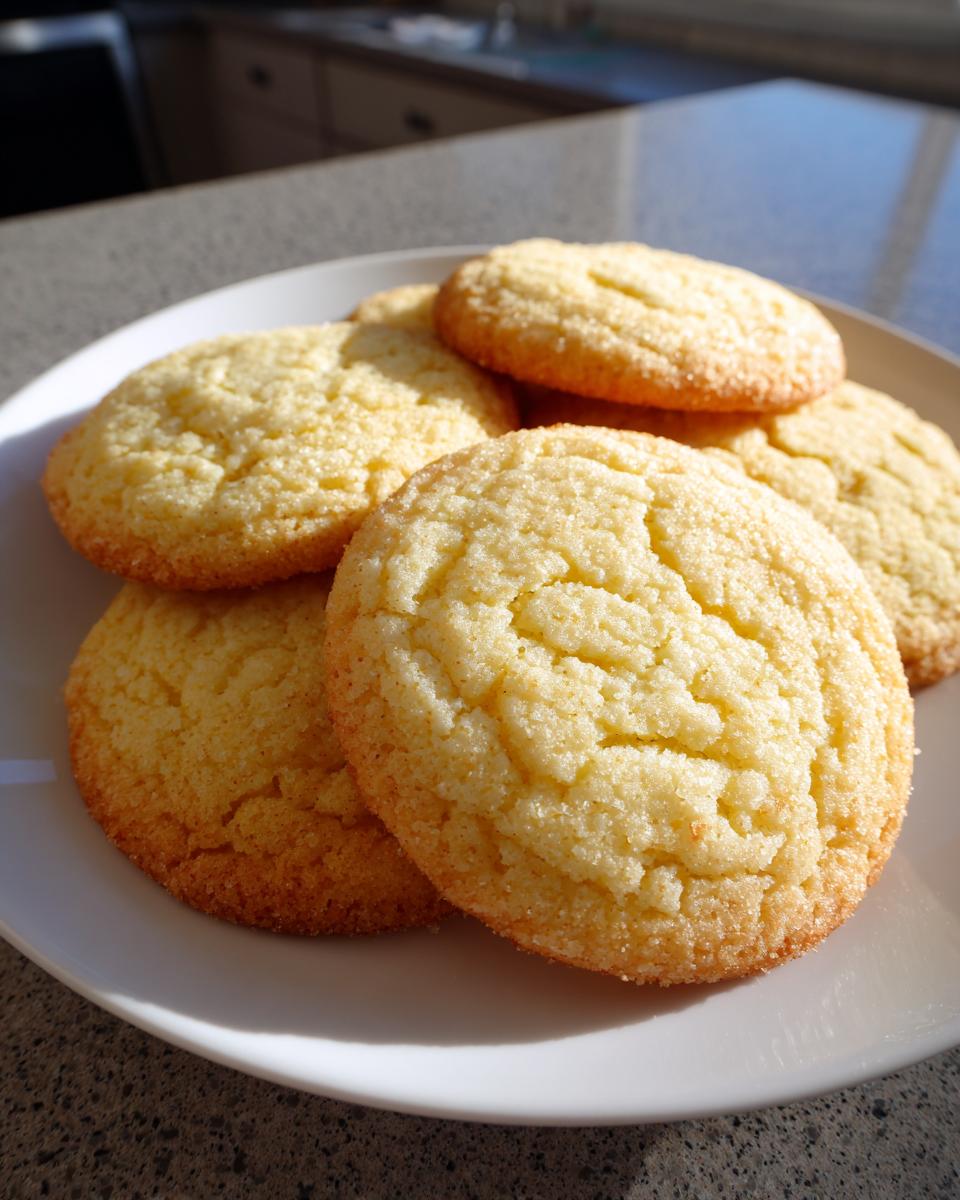 A close-up of golden-brown sugar cookies piled on a white plate, ready to be enjoyed.
