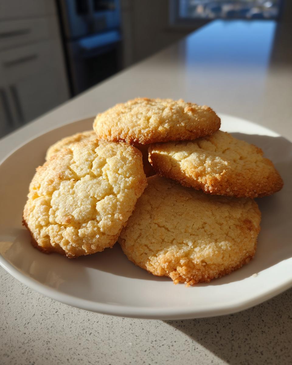 A stack of golden brown sugar cookies on a white plate, bathed in natural sunlight.
