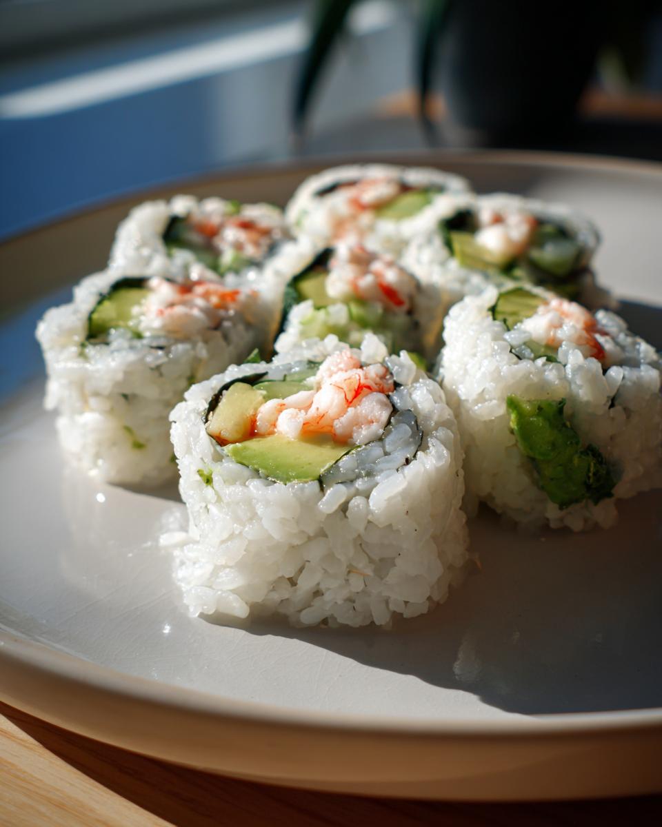A plate of freshly made sushi rolls, featuring a California roll with avocado, cucumber, and shrimp.