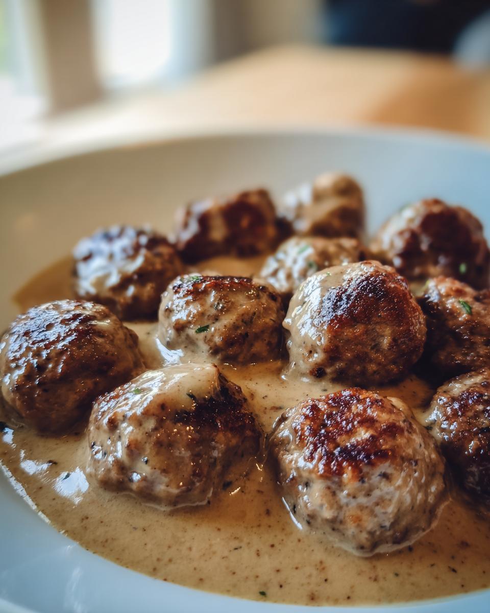 Close-up of tender Swedish meatballs coated in a rich, creamy sauce, garnished with herbs.