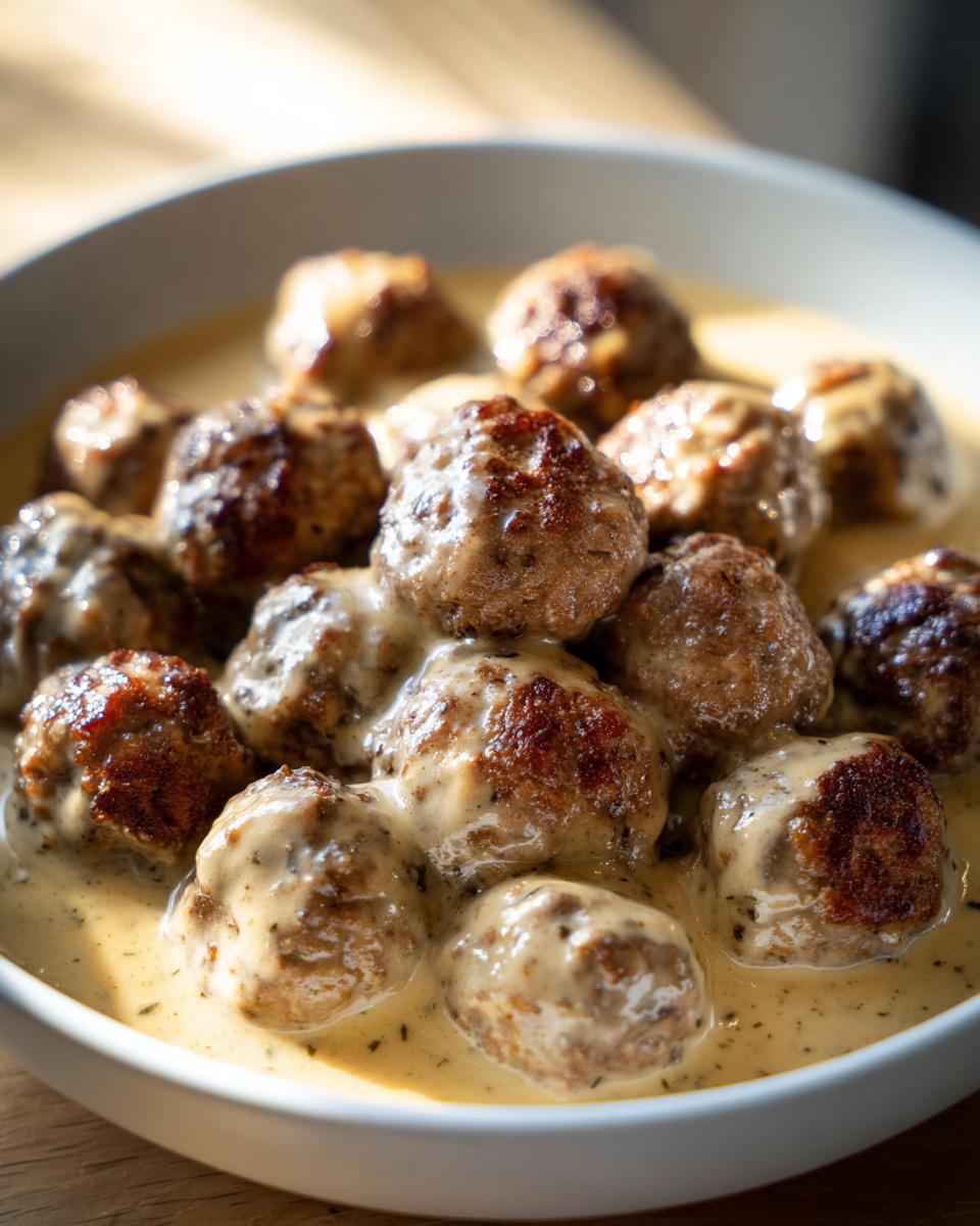 Close-up of a bowl filled with golden-brown Swedish meatballs coated in a rich, creamy sauce with herbs.