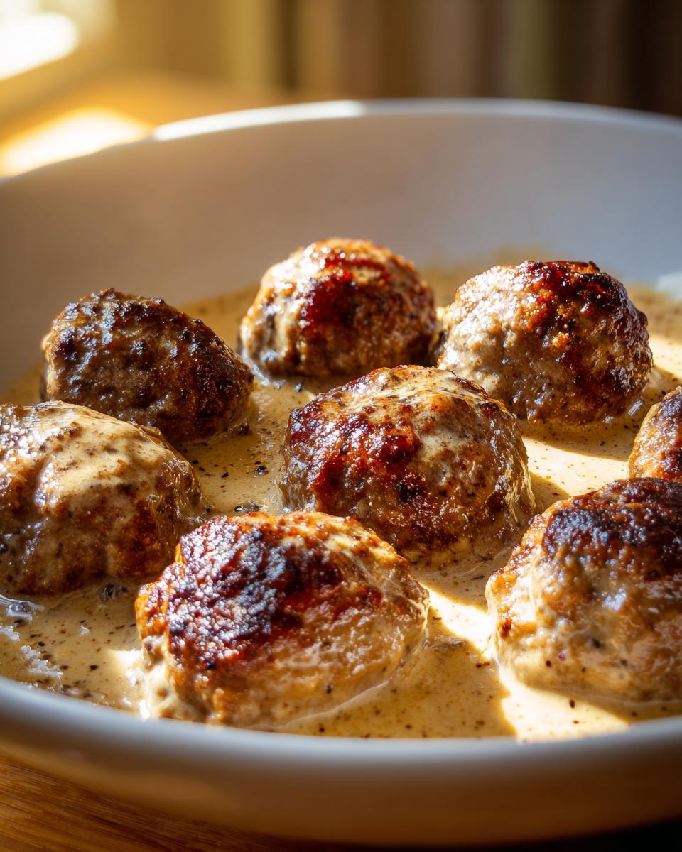 Close-up of golden-brown Swedish meatballs simmering in a rich, creamy sauce.