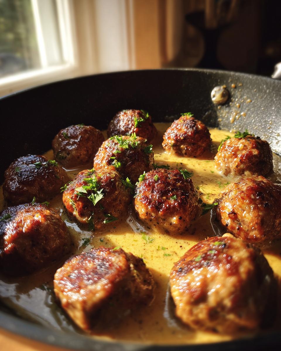 Close-up of golden-brown Swedish meatballs simmering in a rich, creamy sauce, garnished with fresh parsley.