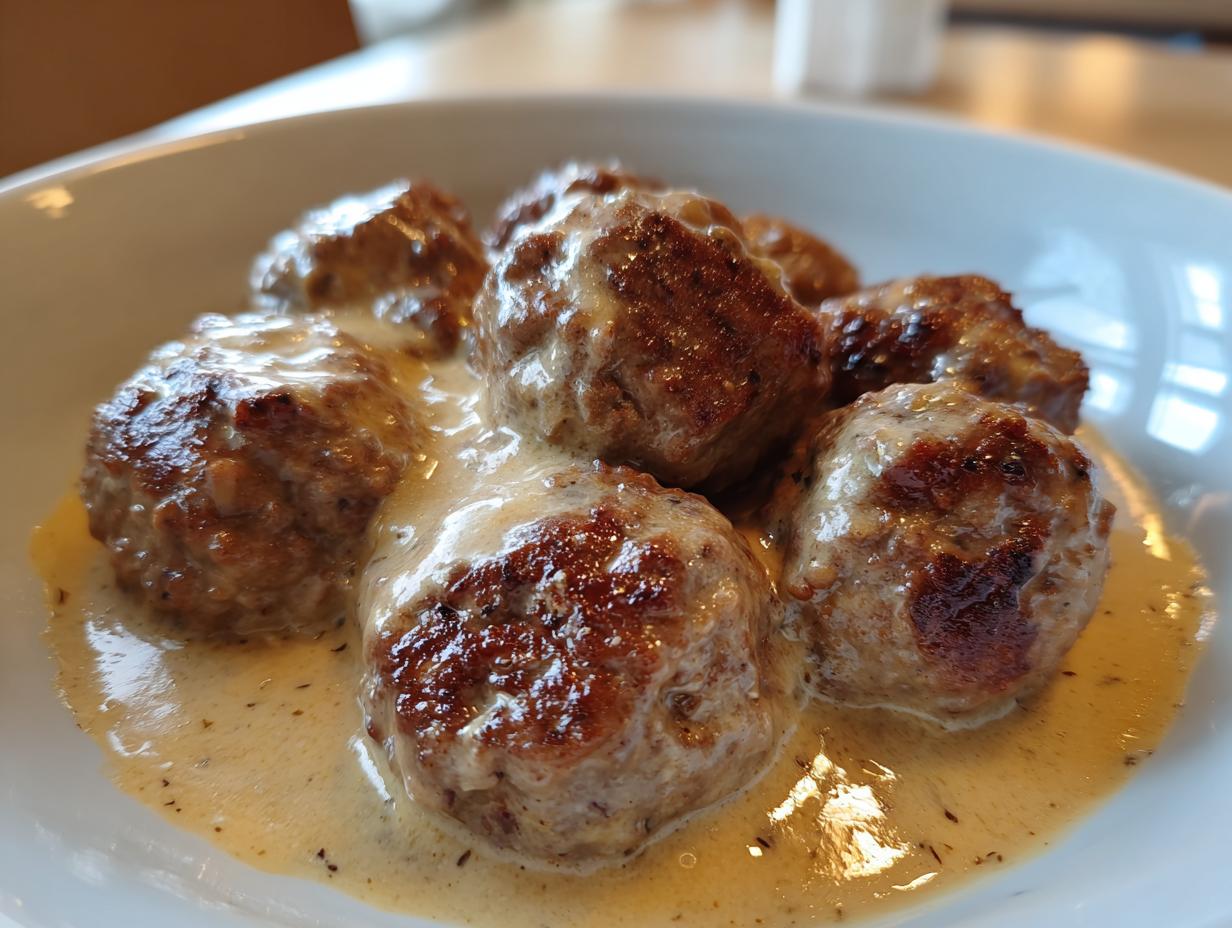Close-up of a bowl of authentic Swedish meatballs bathed in a rich, creamy sauce.