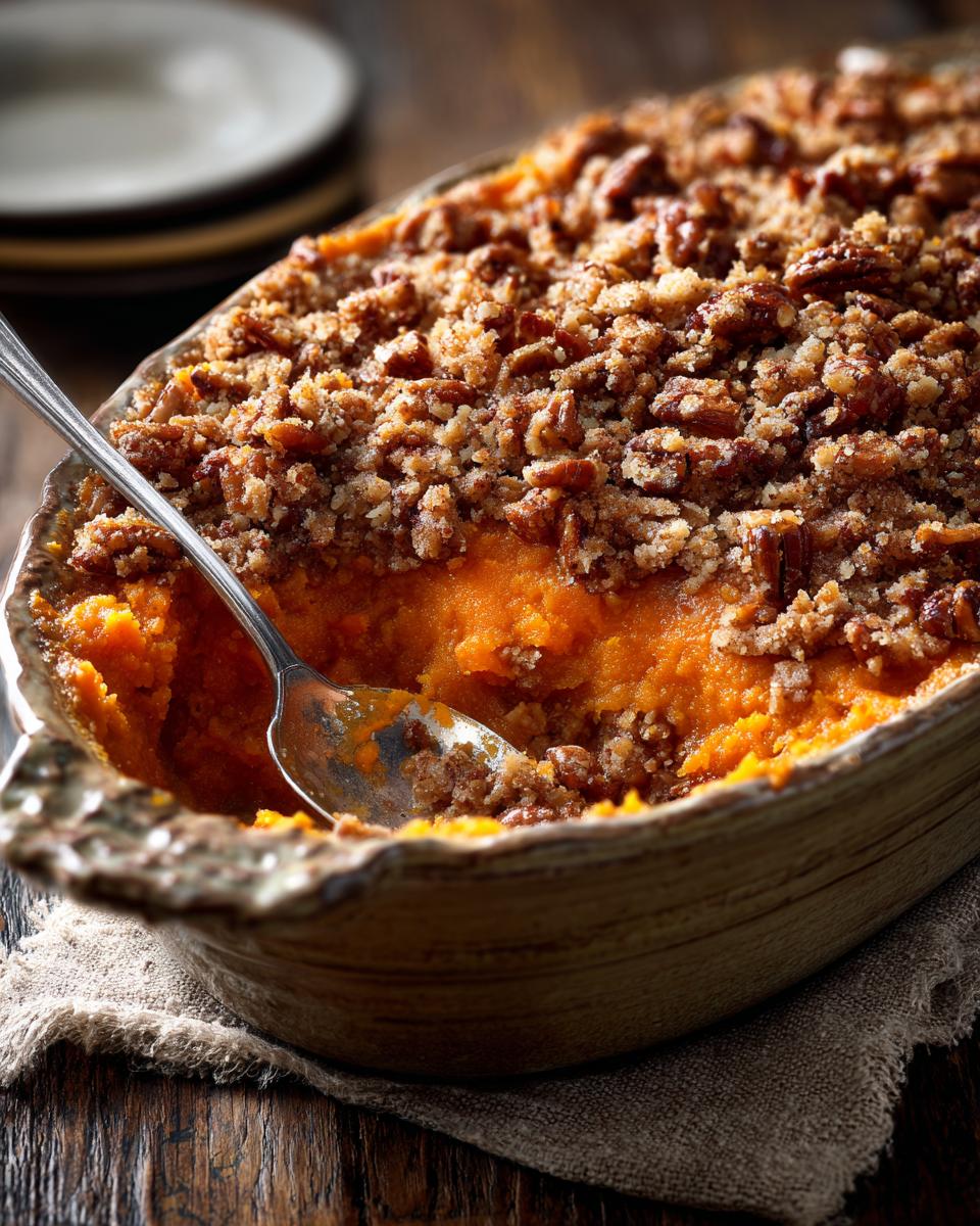 A close-up of a baked sweet potato casserole in a rustic dish, topped with a crunchy pecan streusel and a spoon.