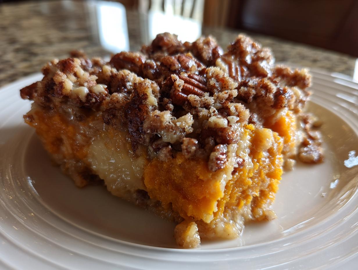 A close-up of a slice of sweet potato casserole topped with a crunchy pecan streusel.