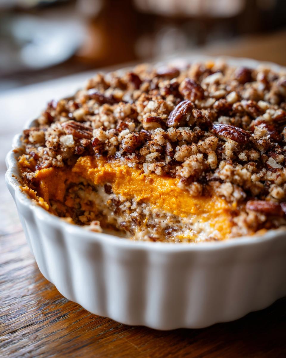A close-up view of a rich sweet potato casserole in a white ramekin, topped with a crunchy pecan and crumble topping.