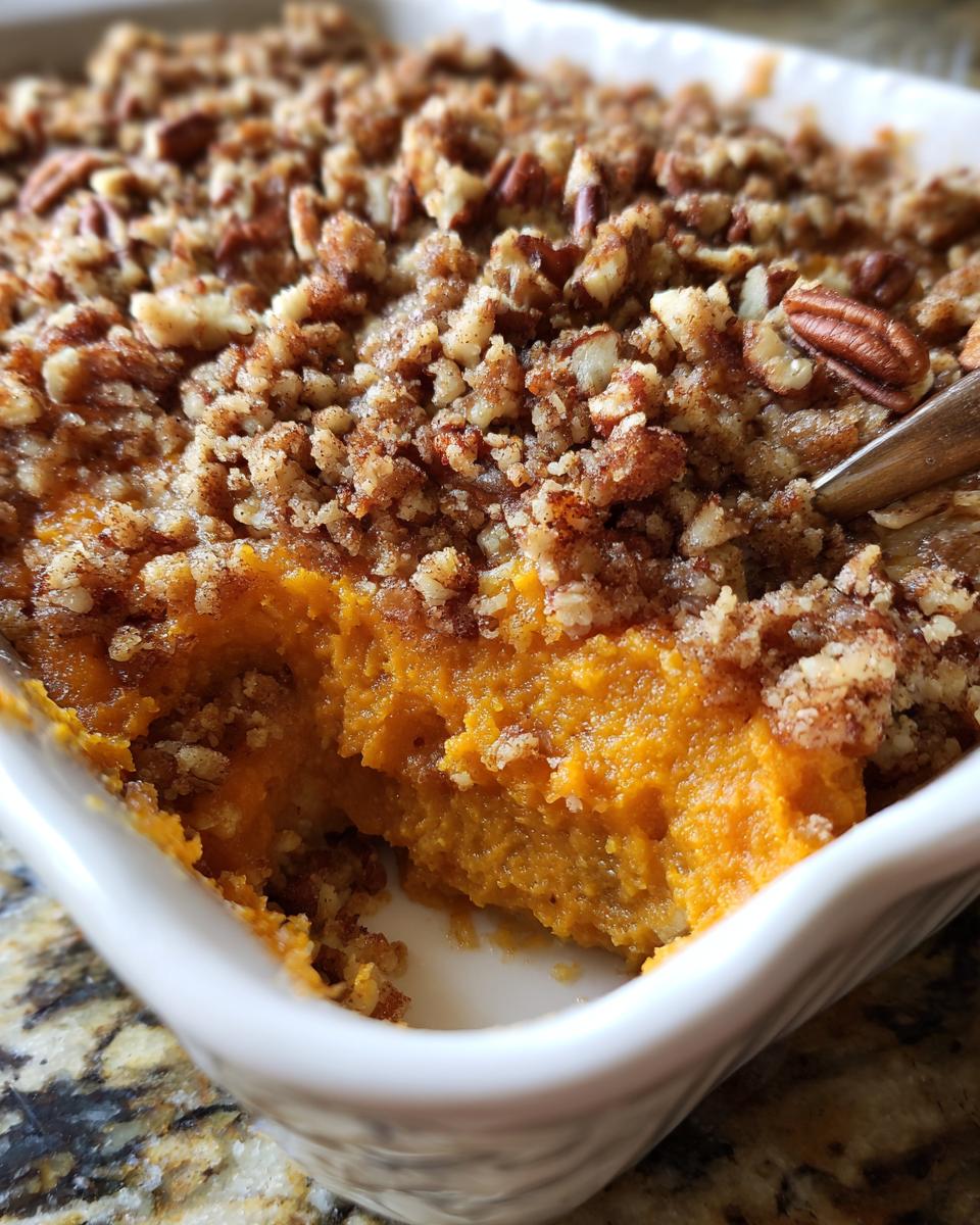 A close-up of a freshly baked sweet potato casserole topped with crunchy pecans and a crumb topping.