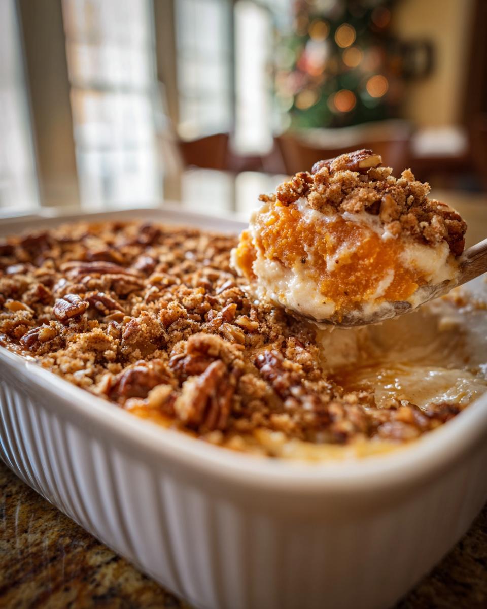 A spoonful of creamy sweet potato casserole topped with crunchy pecans and a crumble topping.