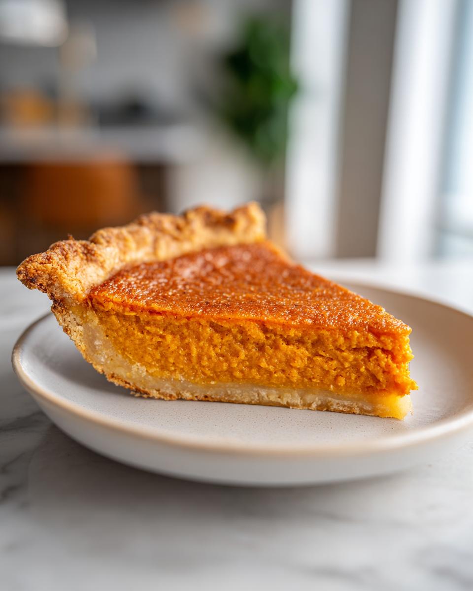 A close-up shot of a perfect slice of sweet potato pie on a light grey plate.