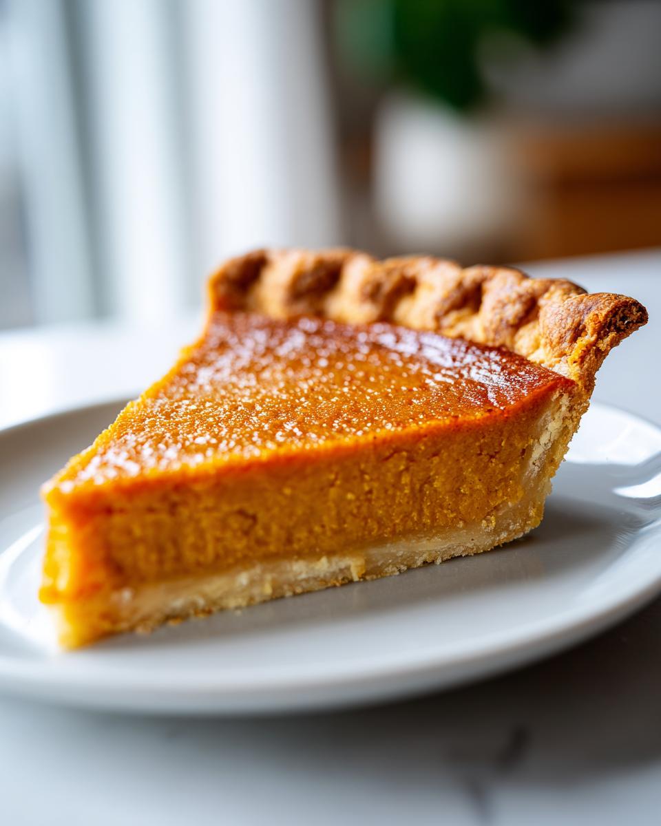 A close-up of a delicious slice of sweet potato pie, showing the rich orange filling and flaky crust.