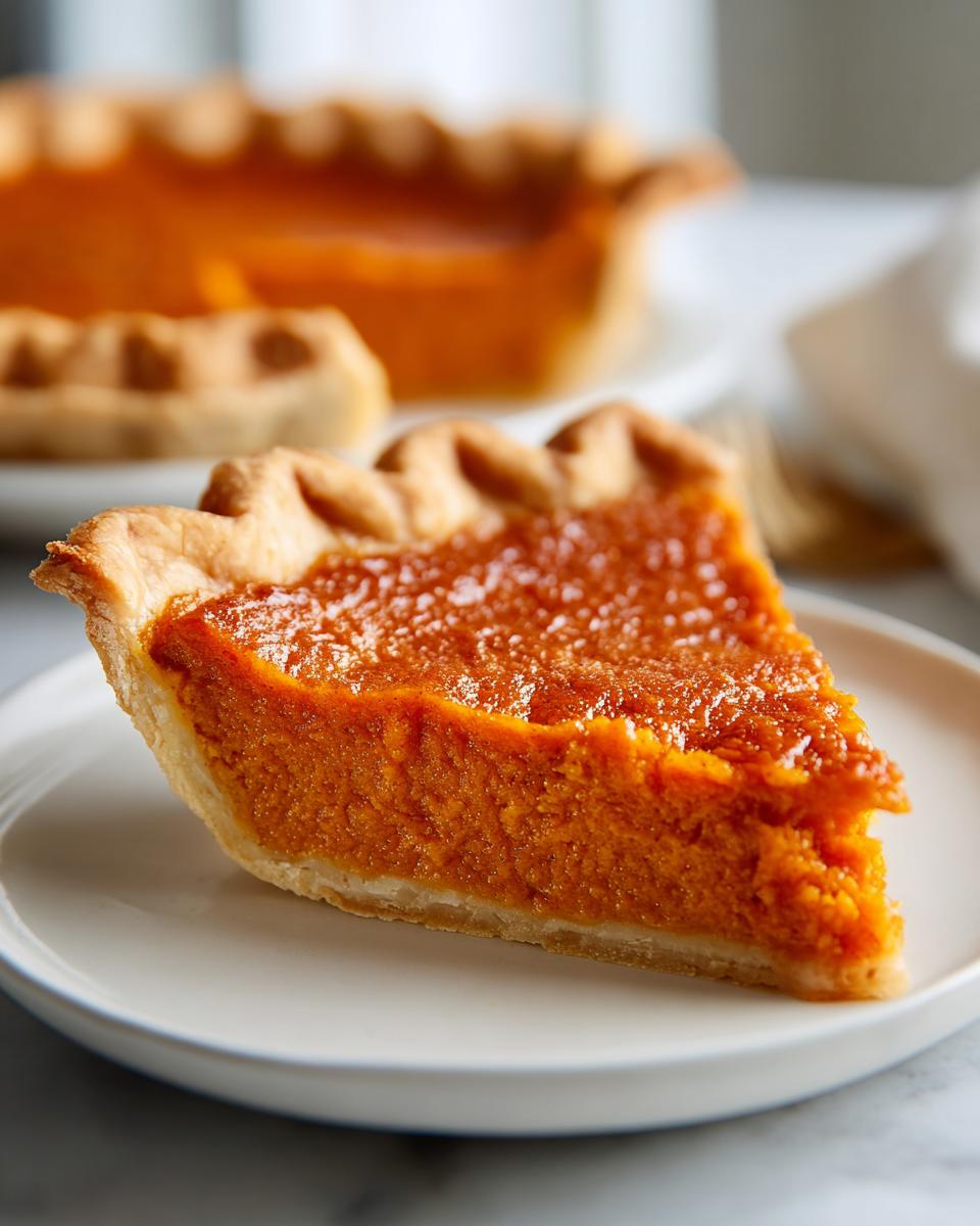 A close-up of a slice of sweet potato pie on a white plate, showcasing its creamy orange filling and golden crust.