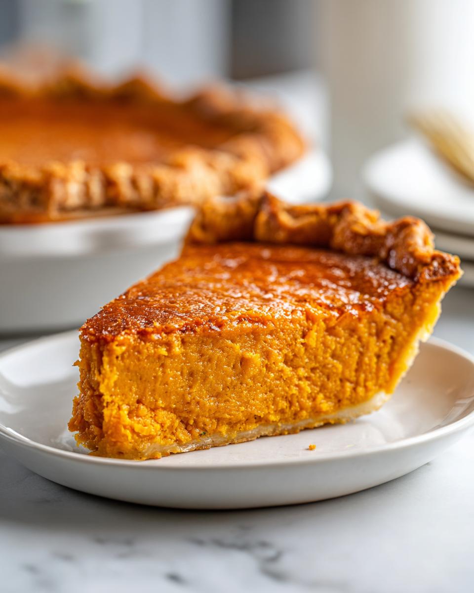 A close-up of a delicious slice of sweet potato pie on a white plate, showcasing its rich orange filling and flaky crust.