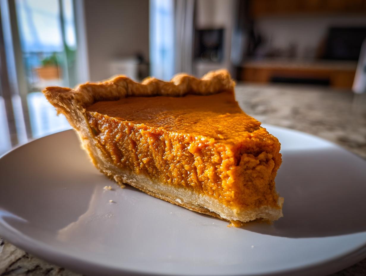 A close-up of a slice of delicious sweet potato pie on a white plate, with a golden crust.