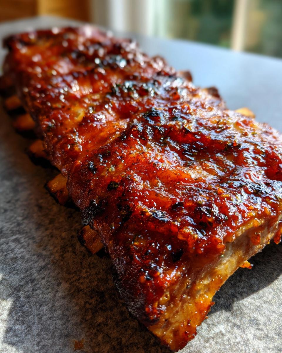 Close-up of glistening, tender BBQ ribs coated in a rich, dark glaze with visible herbs.