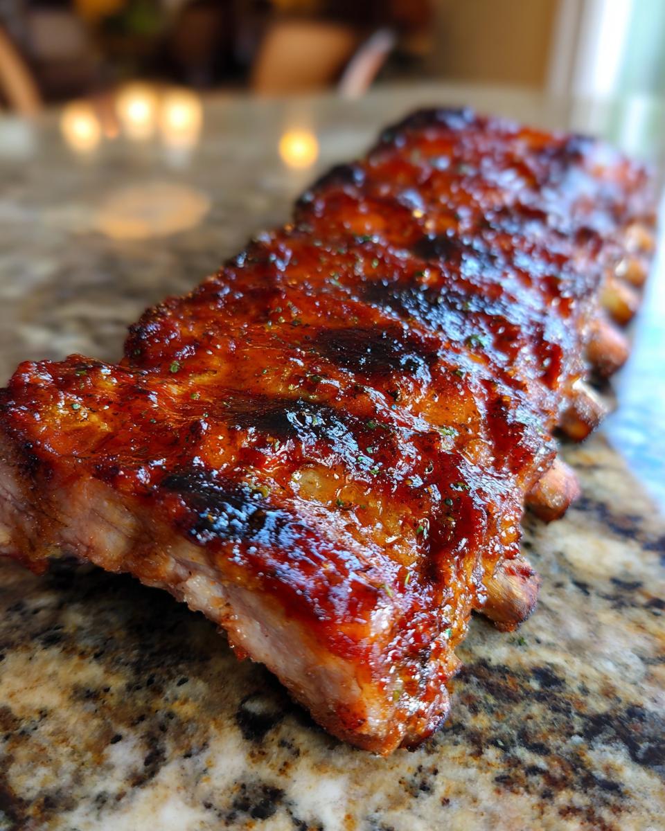 Close-up of tender BBQ ribs coated in a glossy, dark glaze with visible herbs.