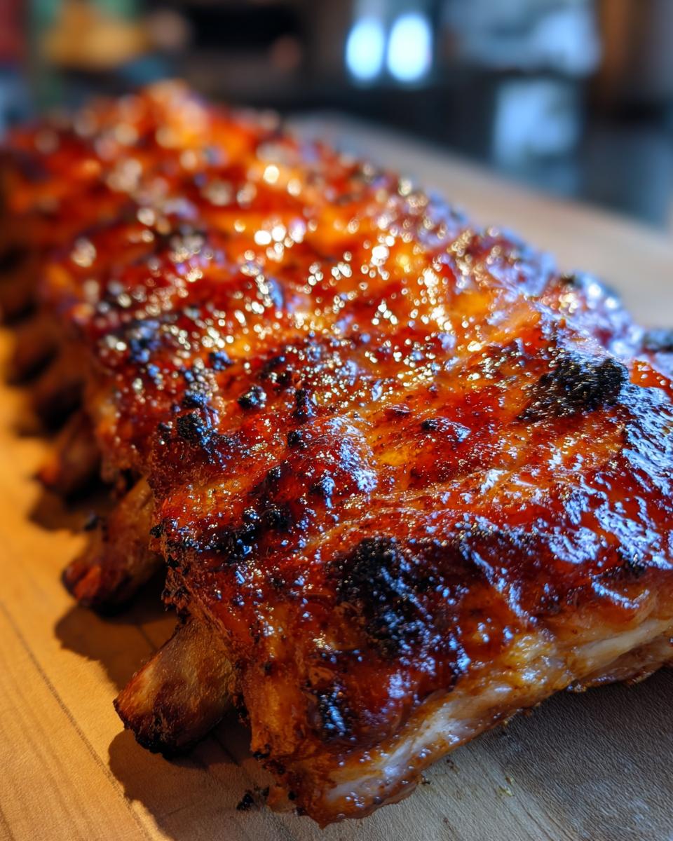Close-up of glistening, tender BBQ ribs with a rich glaze, ready to be served.