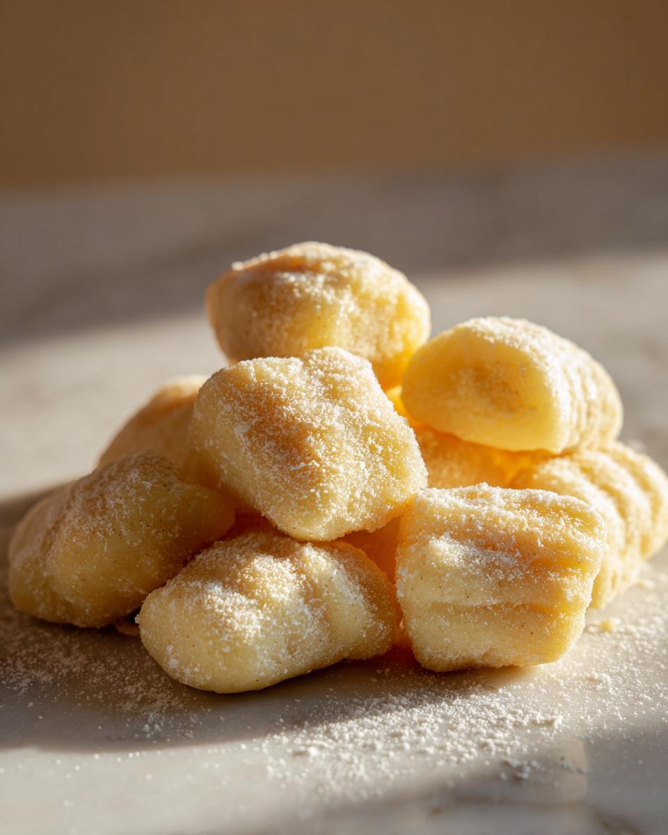 A close-up of a pile of tender potato gnocchi, dusted with flour, ready for cooking.