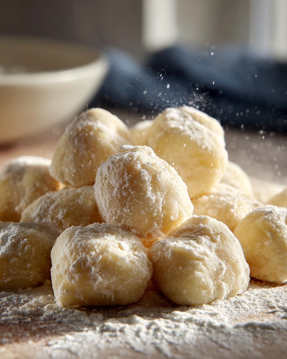 A pile of freshly made potato gnocchi, dusted with flour, ready for cooking.