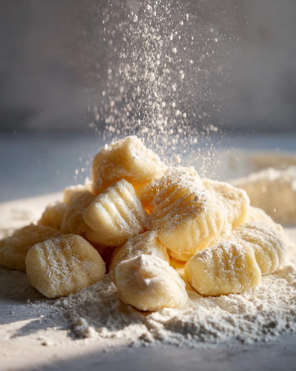 A pile of tender potato gnocchi dusted with flour, with flour falling from above.