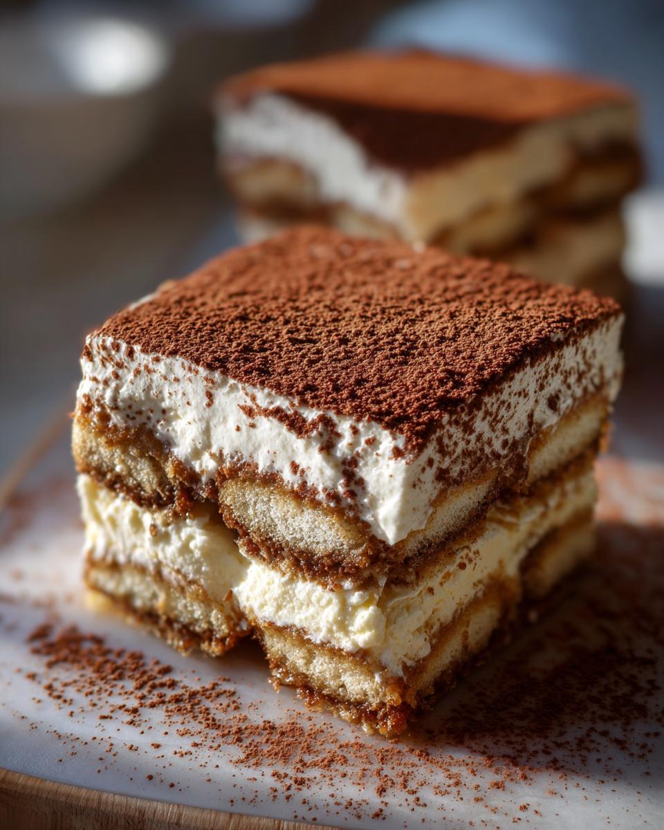 A close-up of a decadent Tiramisu slice, layered with ladyfingers, mascarpone cream, and dusted with cocoa powder.