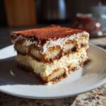 Close-up of a rich and creamy slice of Tiramisu, dusted with cocoa powder.