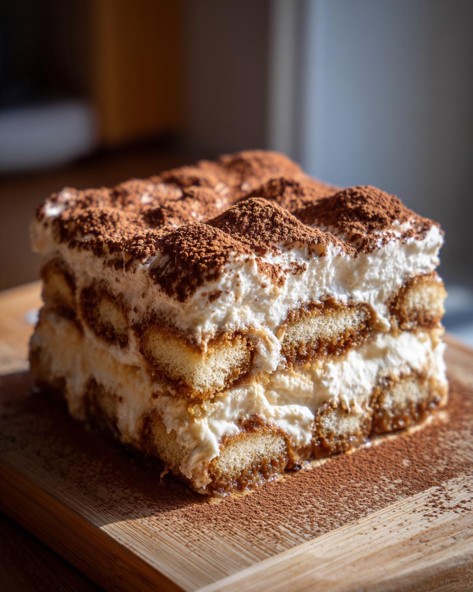 A rich slice of no-bake Tiramisu, layered with ladyfingers and mascarpone cream, dusted with cocoa powder.