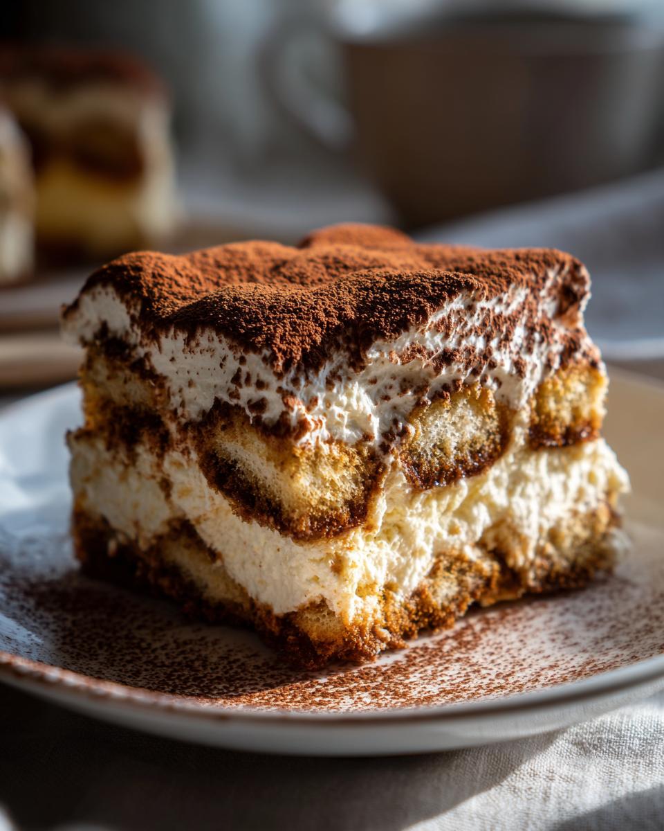 A close-up of a decadent slice of Tiramisu, layered with ladyfingers, mascarpone cream, and dusted with cocoa powder.