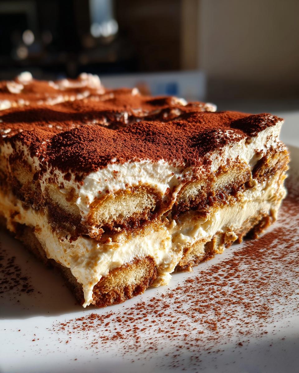 A close-up of a decadent slice of Tiramisu, layered with ladyfingers, mascarpone cream, and dusted with cocoa powder.