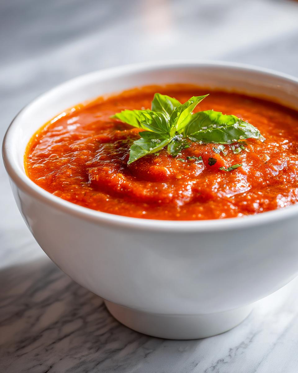 A close-up of a white bowl filled with rich, red Tomato Basil Soup, garnished with fresh basil leaves.