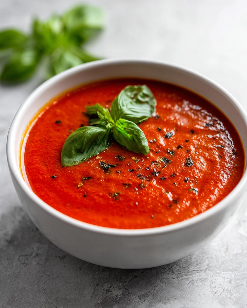 A close-up of a white bowl filled with vibrant red Tomato Basil Soup, garnished with fresh basil leaves and herbs.